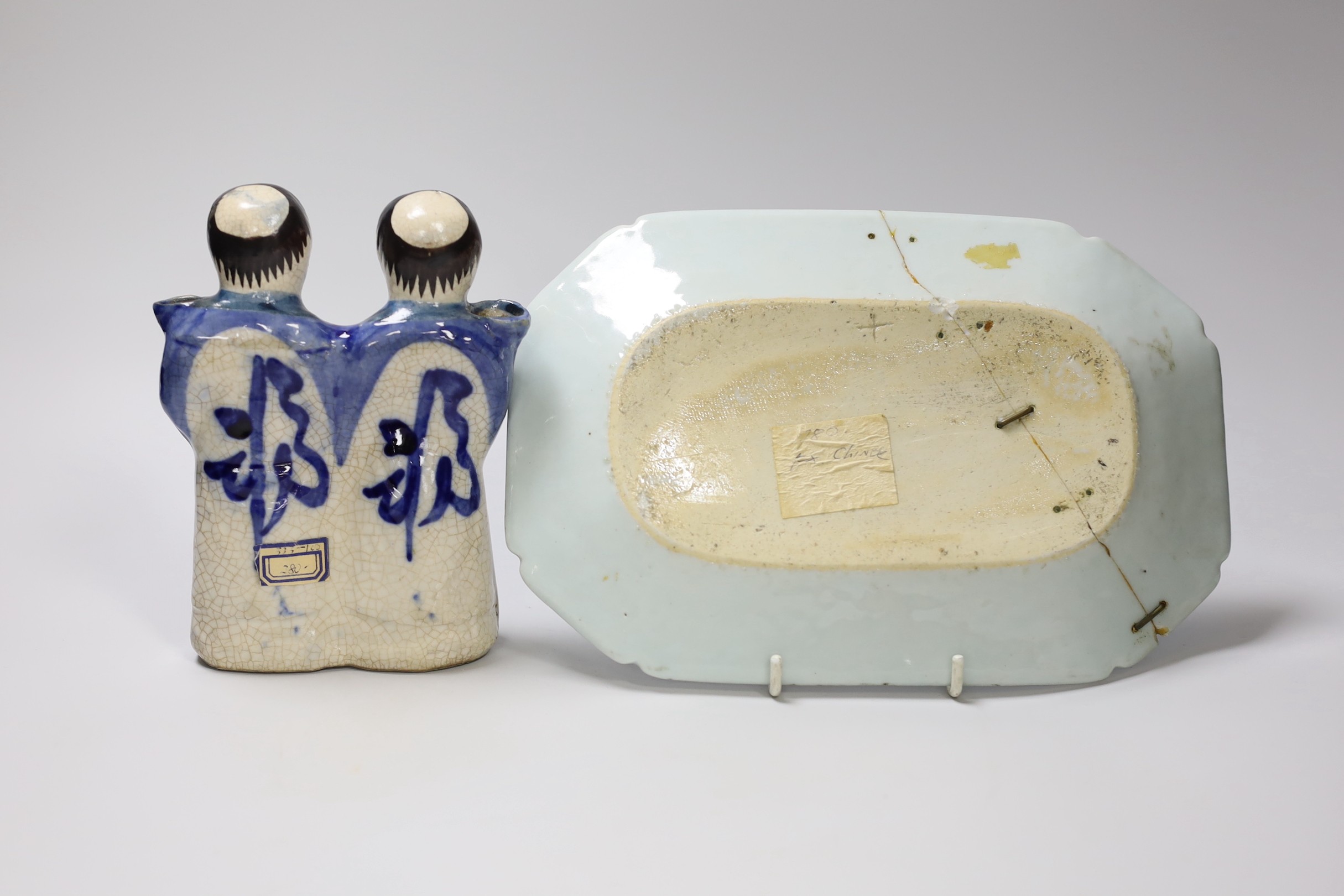 A Chinese blue and white dish, Qianlong period, and He He Erxian jossstick holder. Tallest 15.5cm